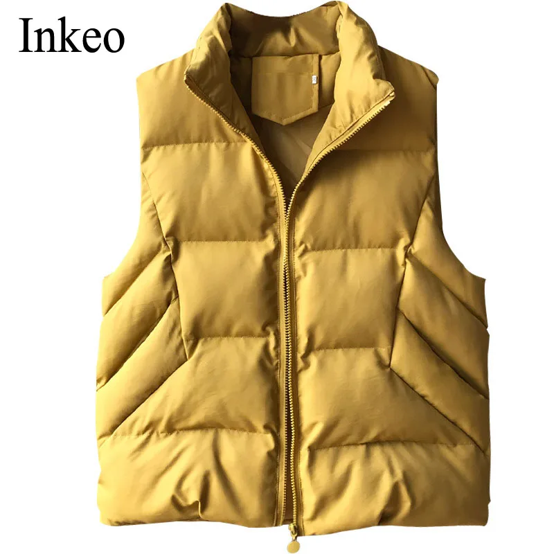

High street women cotton padded vest Yellow Stand collar female Sleeveless jacket Short Waistcoat 2021 Autumn winter INKEO 1O057