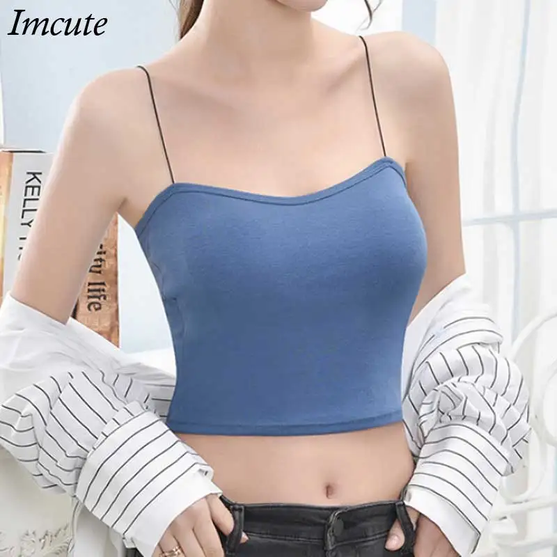 

Imcute 2021 Summer Women's Crop Top Sexy Elastic Cotton Camis sleeveless Short Tank Top Bar Pure Color Spaghetti Strap TightTop
