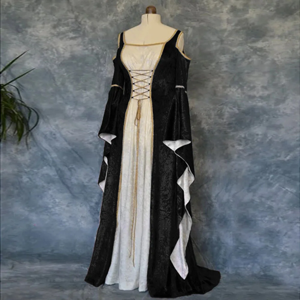

Women Medieval Renaissance Bell Sleeve Queen Gown Cosplay Costume Maxi Dress S-3XL Lace Off-the-shoulder Dress
