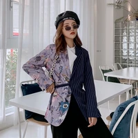 striped and floral blazer with bandage 2021 women fashion buttonless patchwork lace up casual office blazer suit with free belt