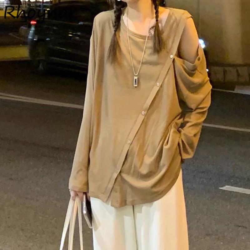 

Long Sleeve T-shirts Women Leisure Irregular All-match Autumn Fashion Pure Tops College Elegant Soft Simple O-neck Korean Style