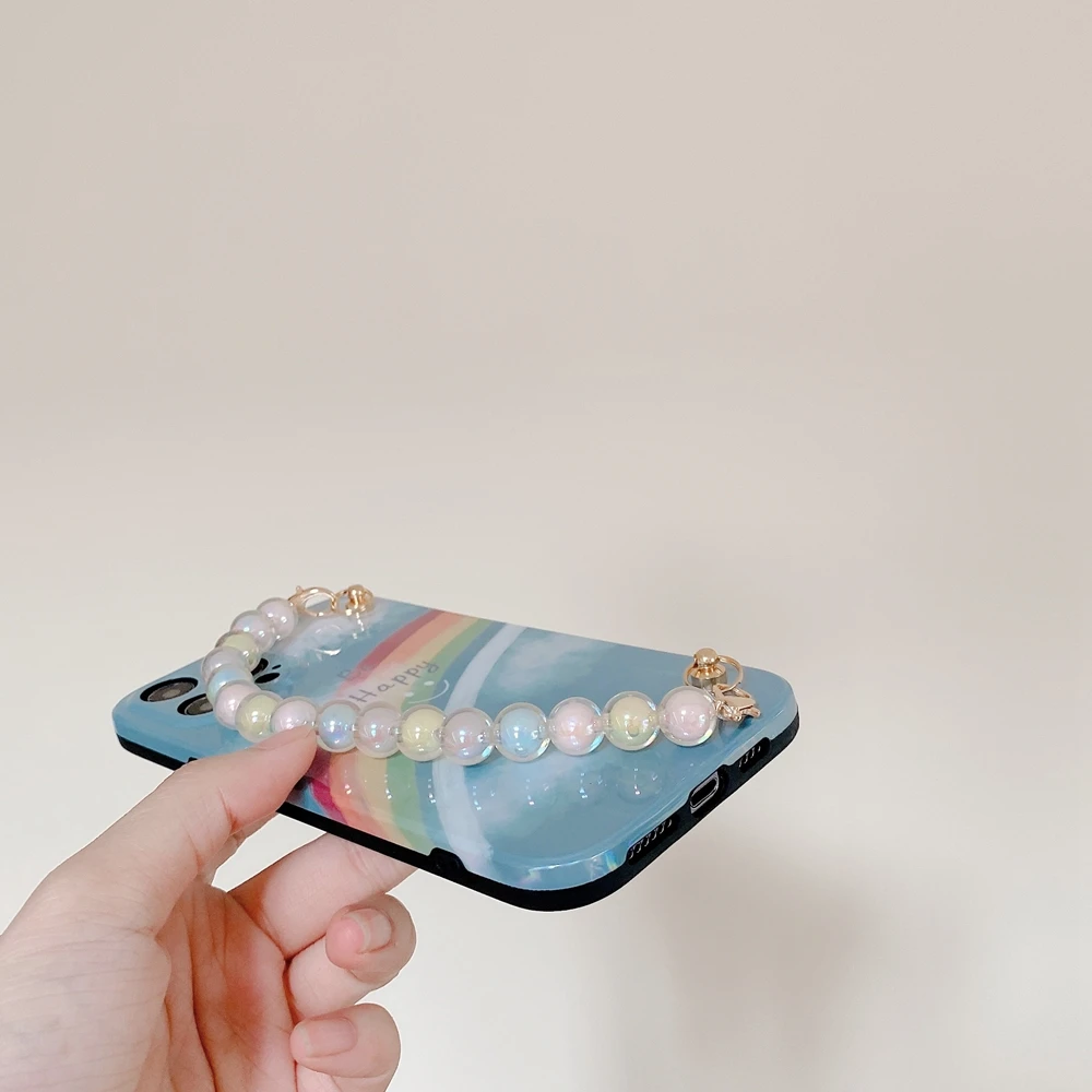 

Bling Pearl Luxury Bracelet Lanyard Phone Case For iPhone 12 11 Pro Max XR XS X 7 8 Plus 12Mini Aurora Rainbow Laser Soft Cover