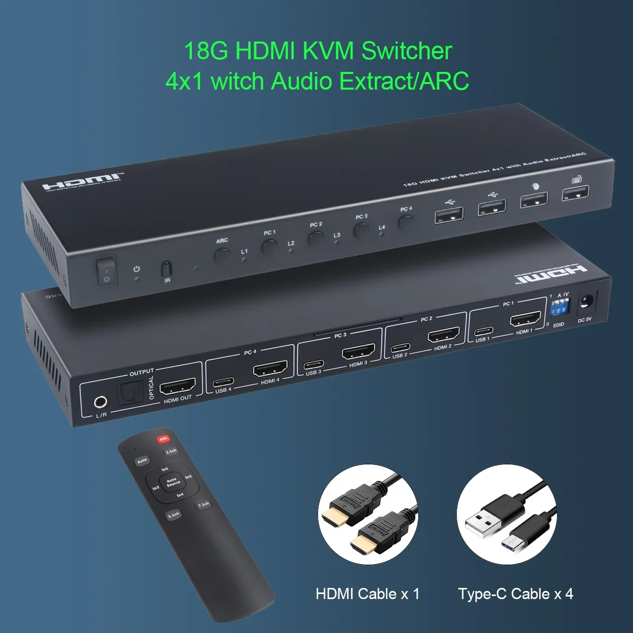 18G HDMI KVM Switcher 4 in 4 out USB 2.0 Output Ports Support Smart EDID Management and ARC Power Off Memory Function