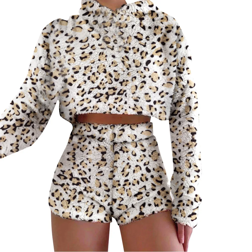 

Spring Long Sleeve Warm Hoodie Top Shorts Women 2 Piece Sets Leopard Fur Outfit Solid Print Soft Sleepwear Pajamas Warm Clothing