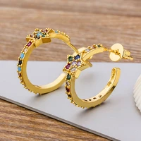 aibef high quality dainty gold stud earrings copper rainbow cubic zirconia micro paved star circle earrings for her jewelry gift