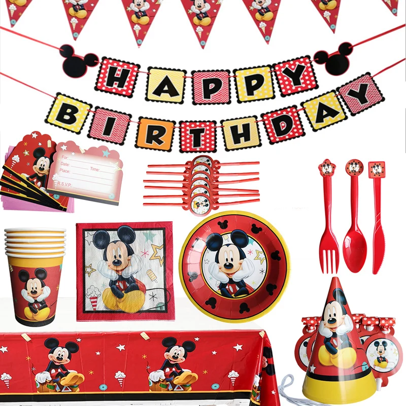 

Mickey Mouse Children's Theme Birthday Party Arrangement Decorative Paper Cup Draw Flag Tablecloth Disposable Party Supplies