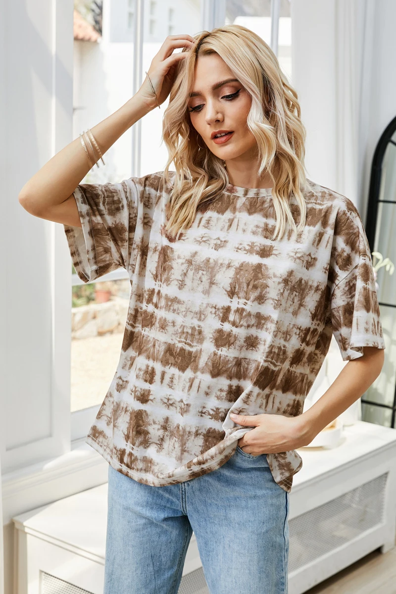 

2021 Summer New Short Sleeve T-shirt Fashion Tie-dye Print Women's Casual Simple Small O-neck T-shirts
