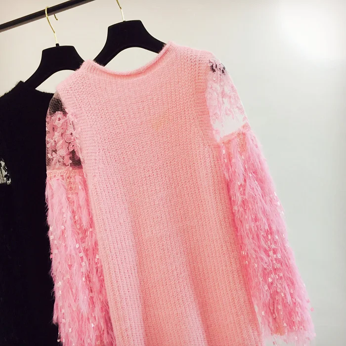 2019 new lace stitching perspective fringed sleeve sweater Lantern skirt long coat tide | Женская одежда