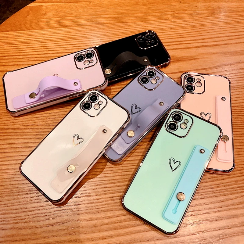 

love heart Wrist Strap Plating Phone Case For iPhone 12Pro MAX 11Pro XS MAX XR X 7 8 Plus Luxury Electroplated Glossy Soft Cover
