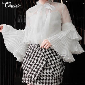 Блузка Celmia Женская Просвечивающая с длинным рукавом, модная белая прозрачная рубашка с оборками, повседневный Свободный Топ с бантом, 5XL, размера плюс