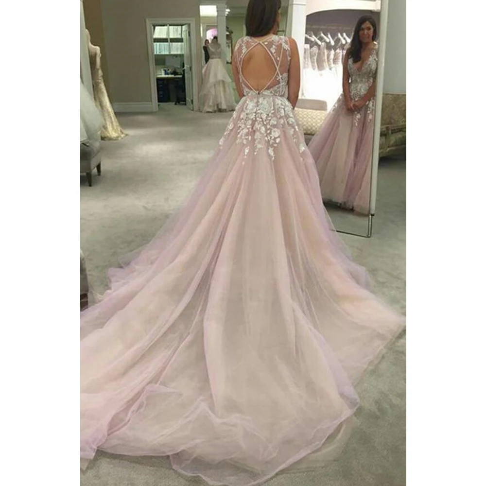 Свадебные платья принцесс вечерние из тюля с глубоким v-образным вырезом яркий