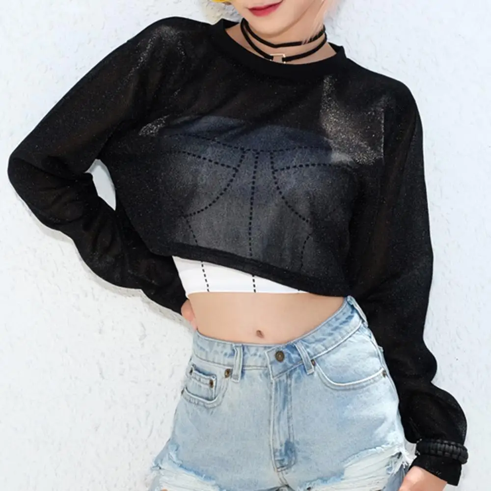 Новая модная женская прозрачная Сетчатая футболка укороченный топ однотонные