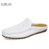 half slippers men shoes leather genuine summer slippers for men casual hollow out comfy oxford mens slippers outdoor mules homme