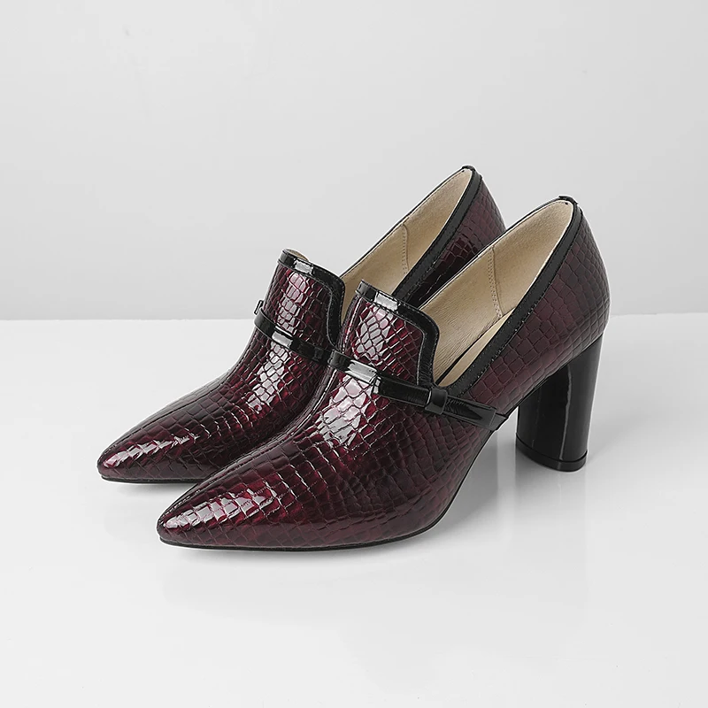 

hot VANGULL women Genuine Leather shoes cow leather pointed toe Embossed stone pattern women pumps high heels Patent leather bow