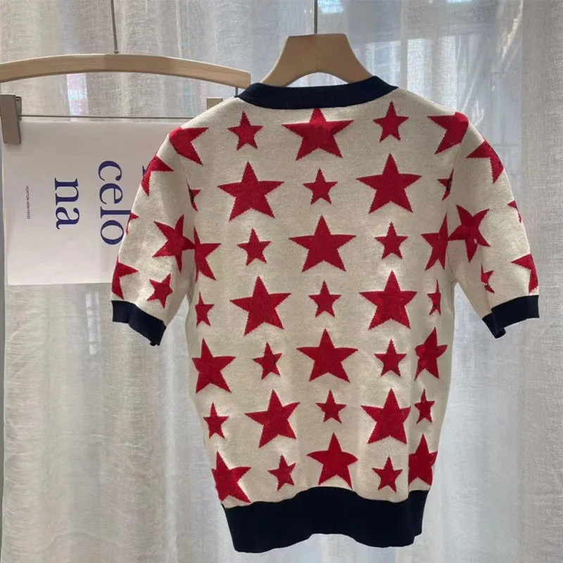 

2021 Summer Woman's Shirts Knitting Tops Short Design Stars Printed Casual Wool Tees Young Blouses Shirts
