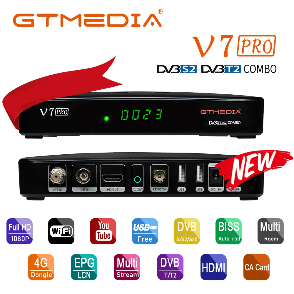 

GTMEDIA V7 Pro,Satellite TV Receiver Decoder,DVB-S/S2/S2X+T/T2,CA Card,Built-in WIFI TV Box H.265 Biss Key Youtube PK V7 PLUS