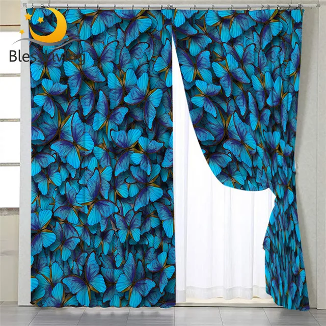 BlessLiving Blue Butterflies Curtain Butterfly Collection Window Treatment Drapes Watercolor Bedroom Curtain gardinen 1-Piece 1