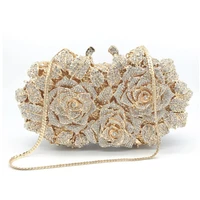 3d luxury rose flower diamond dinner party bag female annual meeting evening dress handbag gold clutch purse crystal rose bag 3d