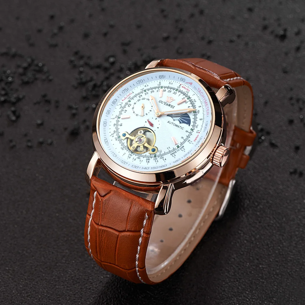 OUYAWEI, новинка, механические наручные часы, розовое золото, чехол Tourbillon, Moonphase, автоматическая обмотка, мужские часы, деловые часы, Montre Homme