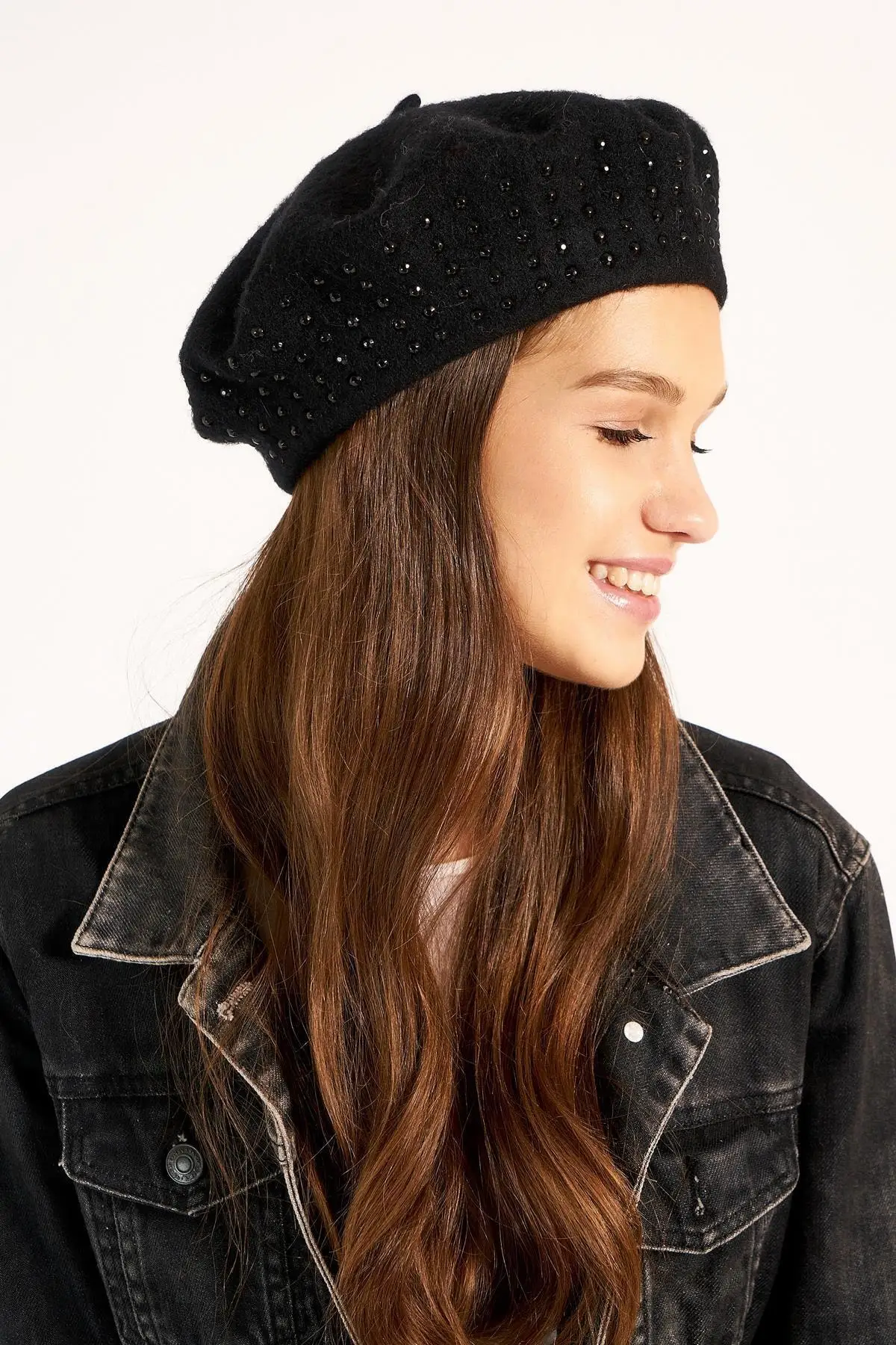 

Women Black Stony Painter French Beret Hat Pattern Casual Autumn Winter Wool Warm Soft Texture