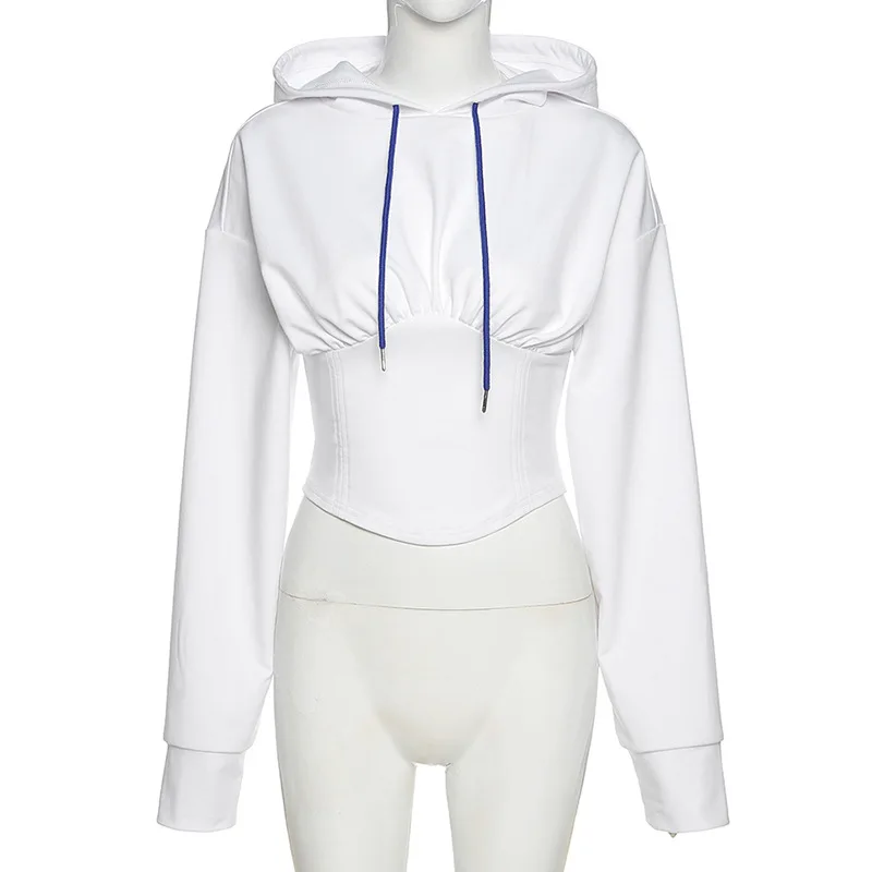 

New 2021 White Cropped Corset Hoodie Women Long Sleeve Drawstring Lace-up Streetwear Sweatshirt Top Korean Fashion Tops Harajuku