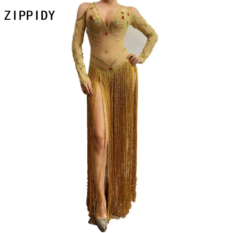 

Gold Long Tassel Rhinestones Transparent Mesh Bodysuit Women DS DJ Dance Clothes Birthday Celebrate Fringe Outfit
