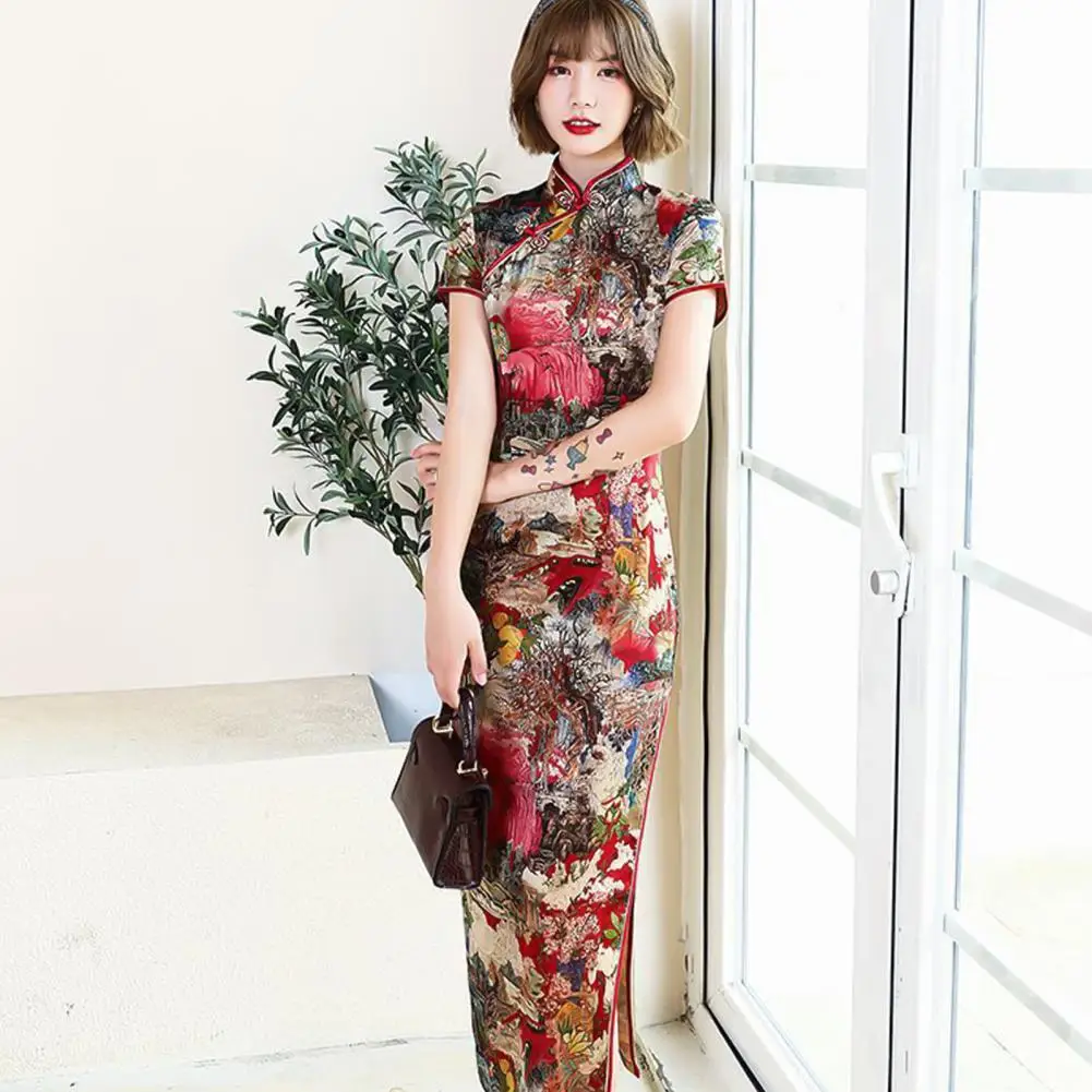 Ретро стиль Cheongsam платье с пышной юбкой в готическом стиле Высокая Талия