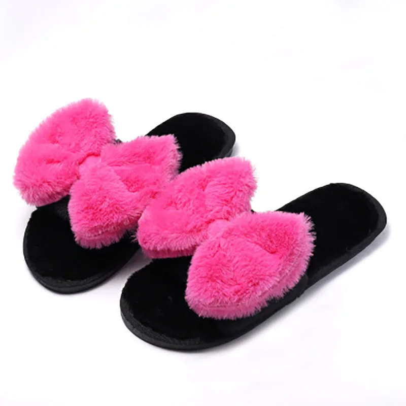 

Winter lady Soft Plush Cotton Non-Slip Floor Indoor Furry Shoe Women butterfly-knot Fur Slippers female Falts Flip-Flops slides