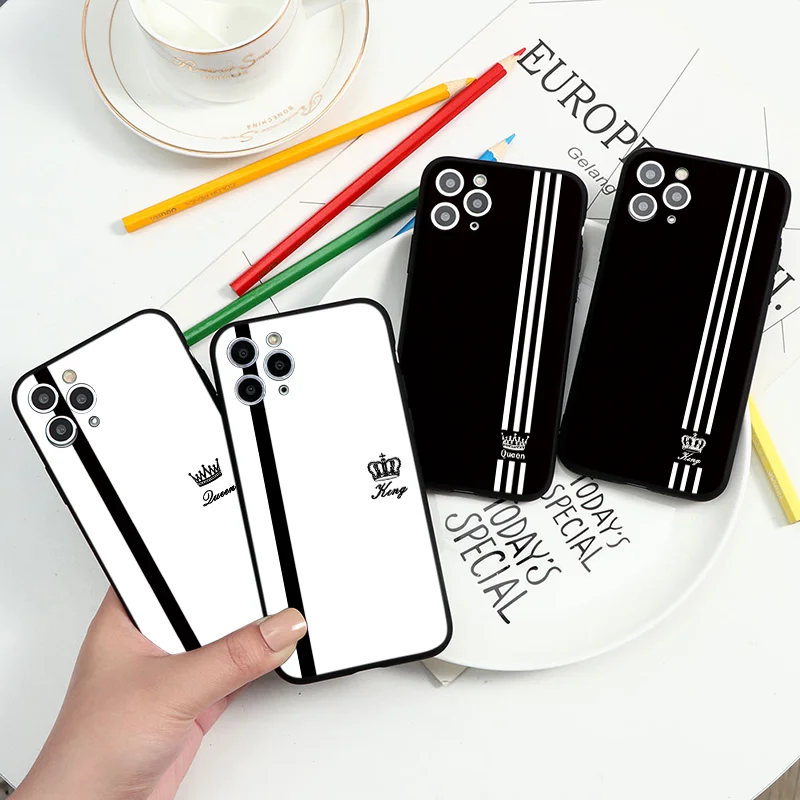 King Queen Lovers Couple Case For iPhone 11 13 12 Pro XS MAX 7 8 Cute Stripe Crown Cover For iPhone SE 2 2020 XR X 12 Mini Cases