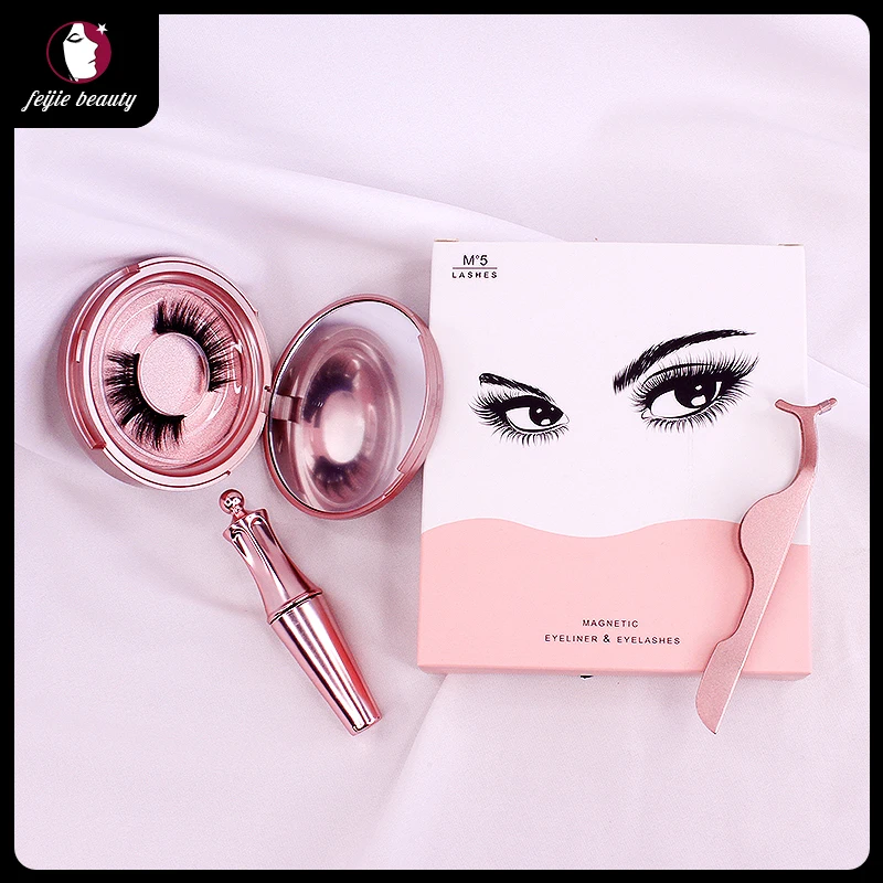 

Pink pair of magnetic mink eyelashes, mirror, magnet eyeliner, one eyelash curler, handmade and reusable，easy to wear
