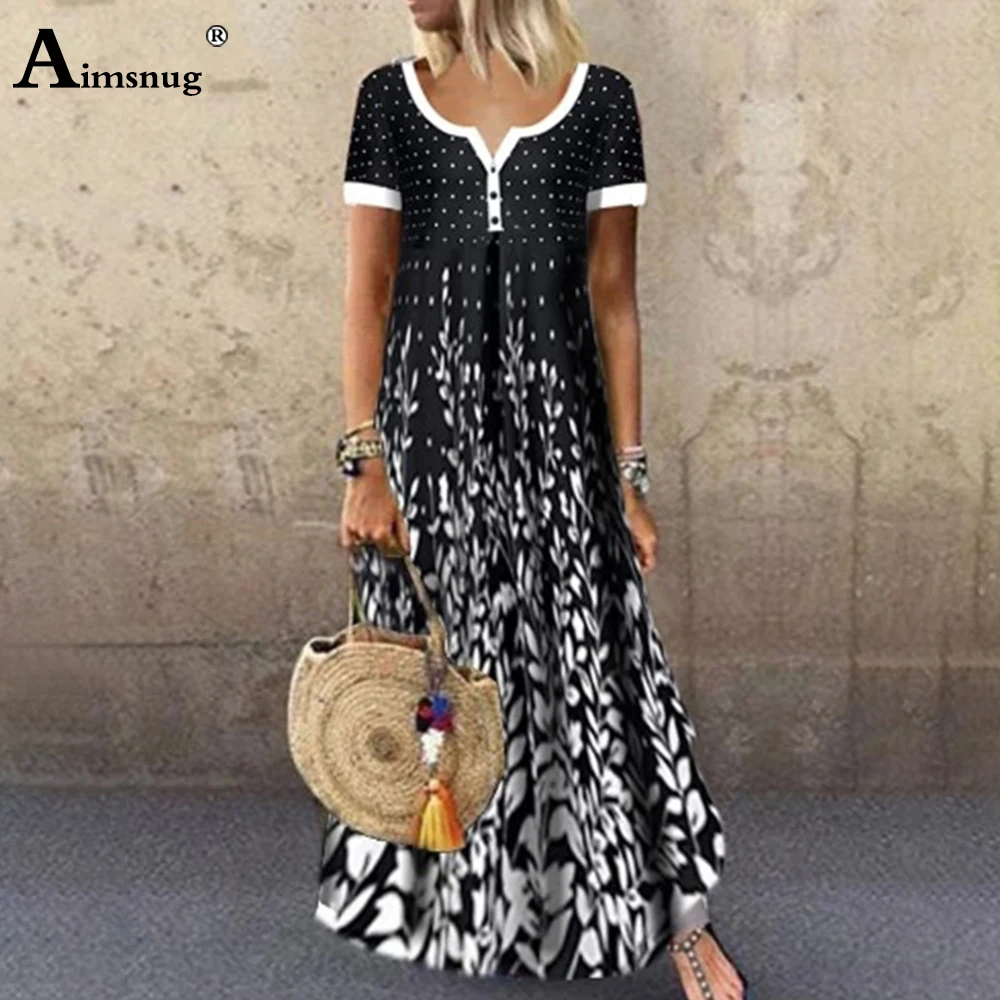 

Aimsnug Women Elegant Long Dress Single-Breasted V-neck Boho Print Party Dresses 2020 Ladies Vintage Button Casual Maxi Dress