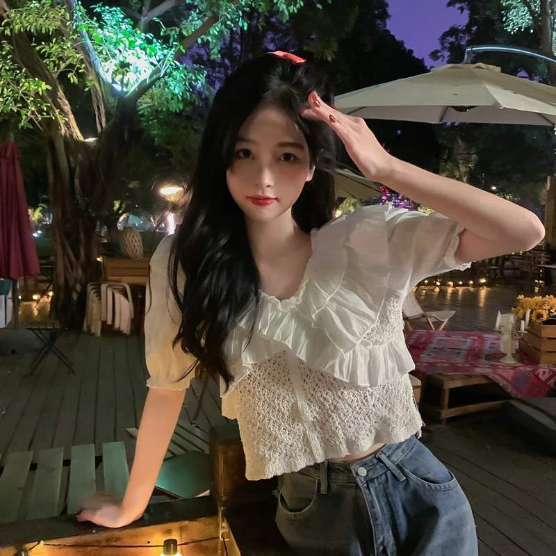 

COIGARSAM French Style Ruffles blouse women New Summer Knitting Patchwork blusas womens tops and blouses Apricot Milk White 175