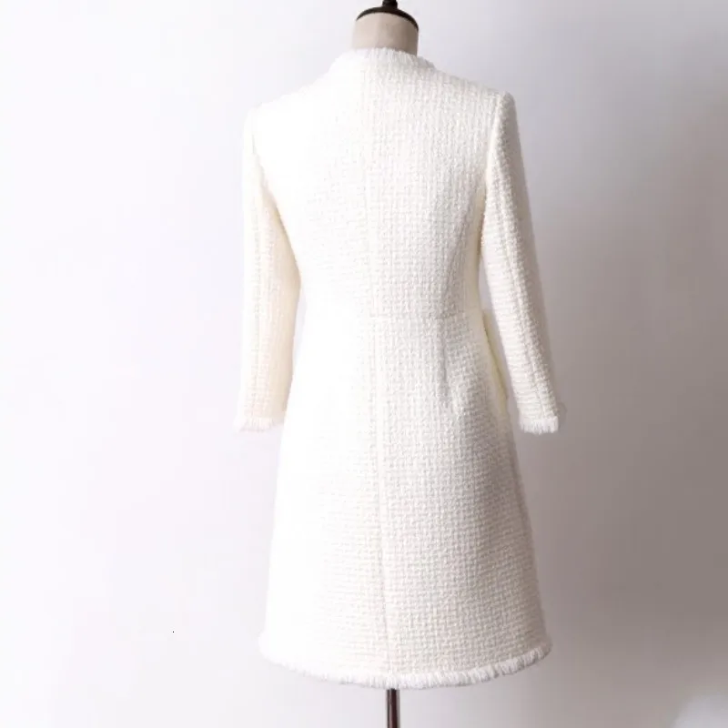 

New High Quality Formal Straight Slim Fit Elegant Party Woman Dress Work Single Breasted Sweet White Wool Tweed Dresses Women