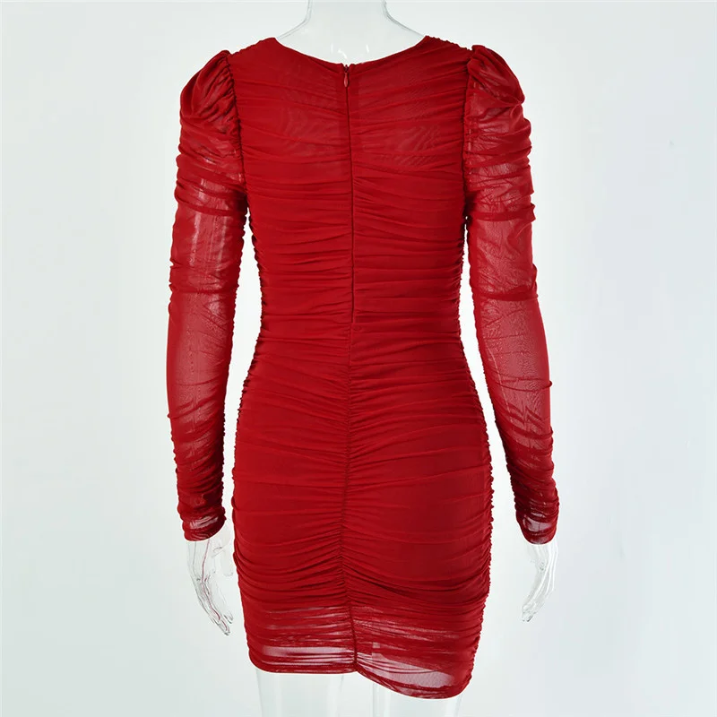 

Garden Sexy Double Layer Mesh Dress Women Bodycon Dress Square Collar Long Sleeve Red Solid Ruched Dresses Mini Vestidos