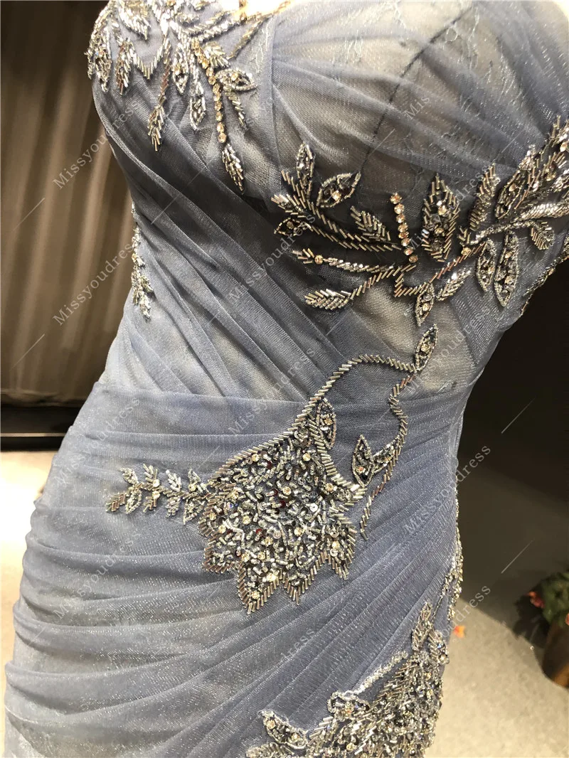 2021 Real Sample Luxurious Blue Pleat Beads Sleeveless Side Split Floor Length Formal Prom Party Dancing Bridal Evening Dress
