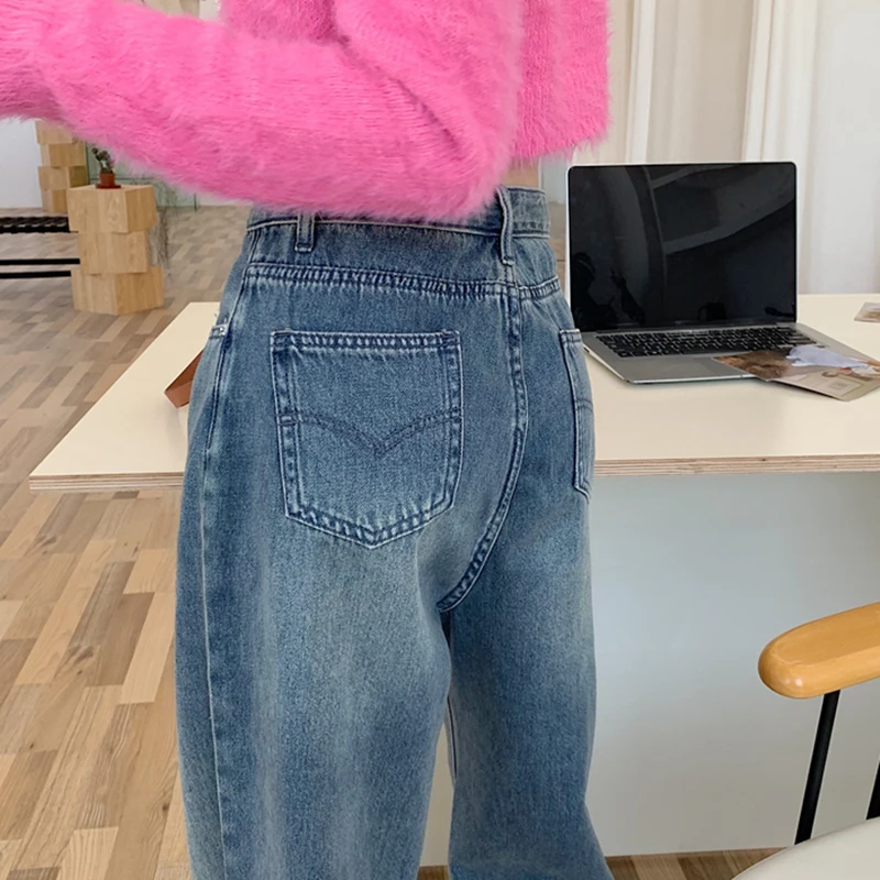 Уличная Высокая талия женские модные джинсы прямые брюки винтажные | Женская