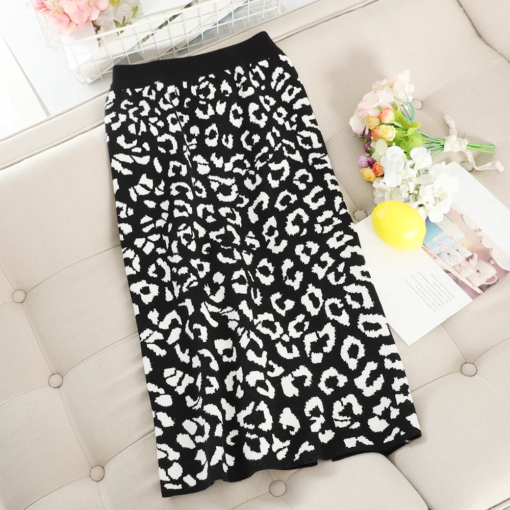 SINGRAIN Женская леопардовая трикотажная юбка зимняя толстая облегающая миди