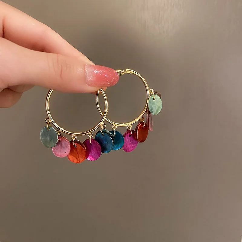 

Bohemian Style Colorful Shell Round Tassel Hoop Earrings For Women Vintage Jewelry Korean Statement Earings Bijoux