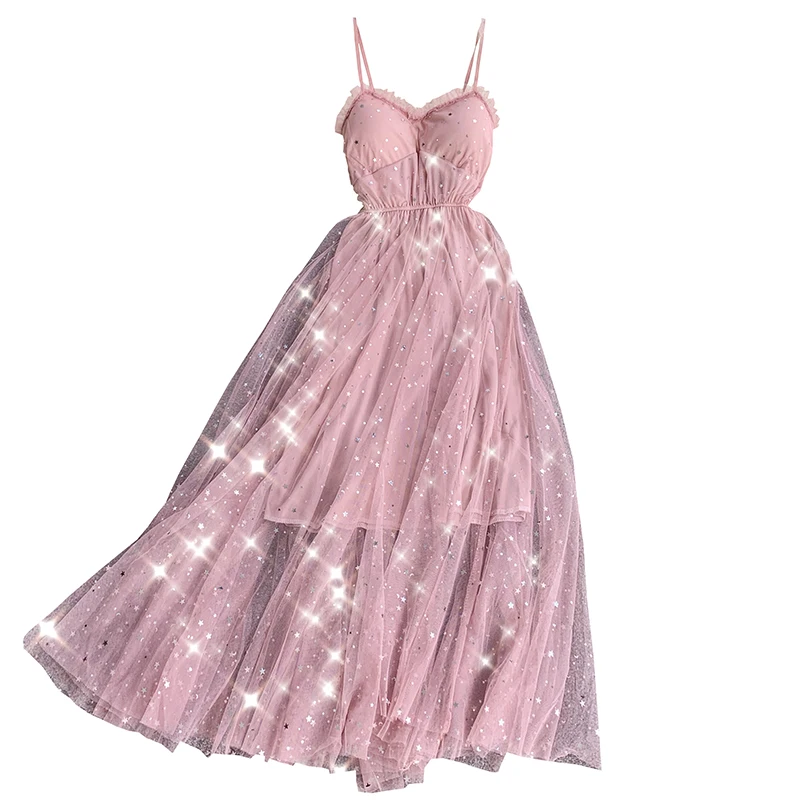 Весна лето 2020 Милая юбка на подтяжках с блестками v образным вырезом груди