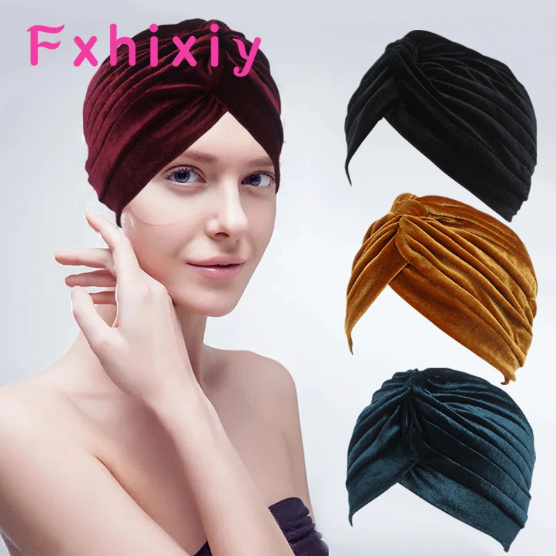 

Grade Quality Pleated Stretch Ruffle Women's Velvet Skullies Beanies Twist Knoted Turban Chemo Sleep Hats Wrap Hair Cover Bonnet