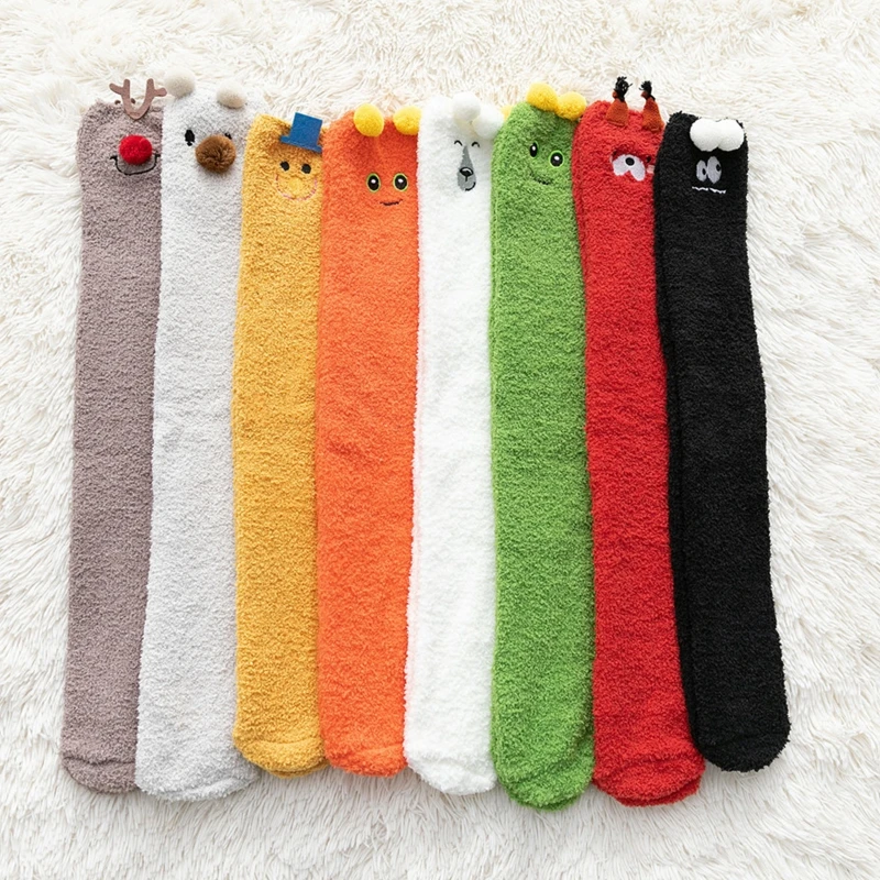 8 Pairs Unisex Coral Velvet Knee High Socks Leg Warmer Solid Color Cartoon Animal Embroidery Fuzzy Sleeping Stockings