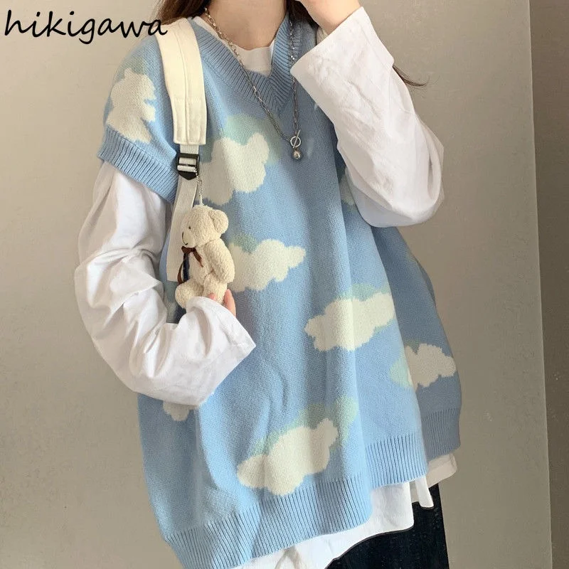 

Hikigawa Pull Femme Casual Spring New Sweet Pullover Student Knitted Sweater Korean Loose All Match Long Sleeve O Neck Sueter