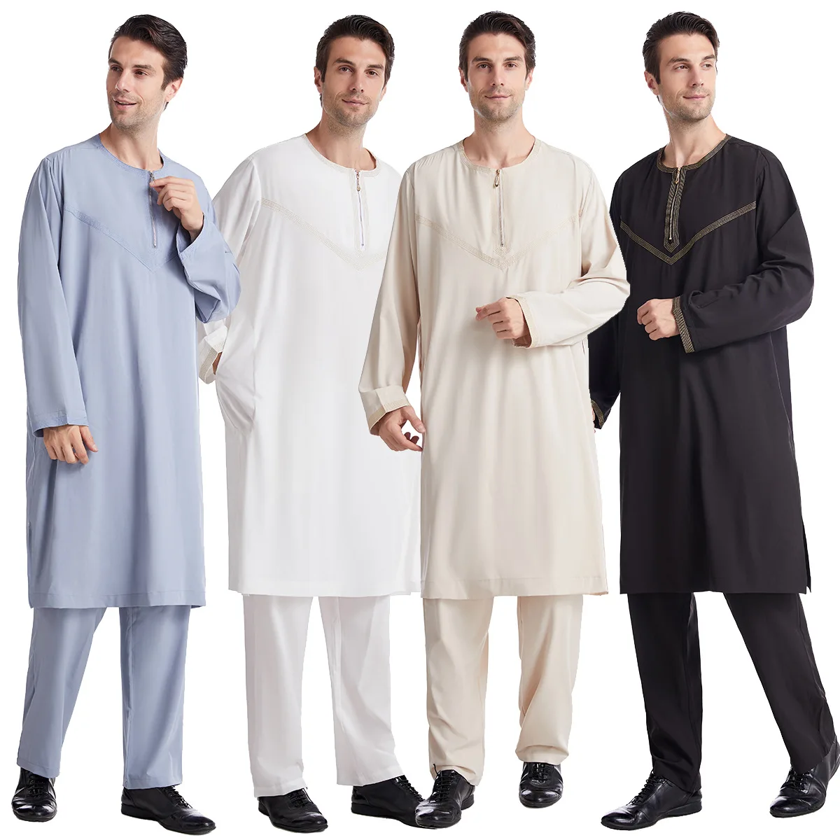Muslim Sets Ramadan Arab Mens Jubba Thobe Costumes Solid Arabic Pakistan Saudi Arabia Turkey Abaya Male National Islam Clothing
