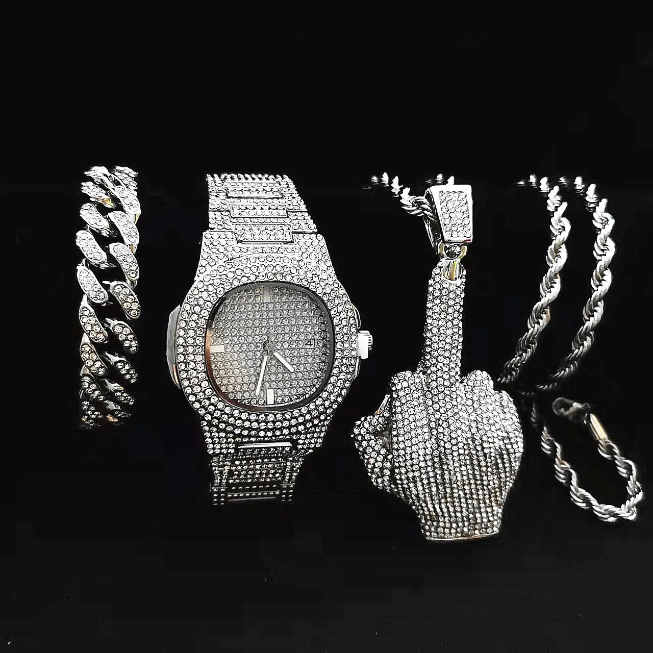 Reloj de pulsera con diamantes de oro para hombre, pulsera con colgante de dedo medio, estilo Hip Hop, 3 piezas