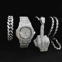 3pcs iced out watch necklace bracelet for men luxury diamond gold watch men bling hip hop middle finger pendant chains jewelry