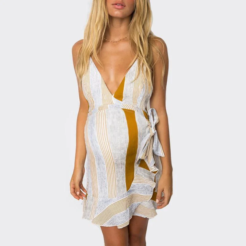 

Summer New Ladies Dress Striped Print Suspenders V-neck Bowknot Fashion Temperament Trend Maternity Elegant Skirt PW48