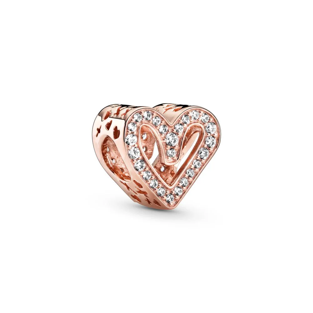 

925 Sterling Silver Beads Rose Gold Heart Pink Crystal Hollow Love Shape For Women Pandora Charms 925 Original Bracelet