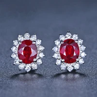natural ruby ethnic flower stud earrings for women 925 silver oval simple anniversary gifts jewelry aros de plata de ley mujer