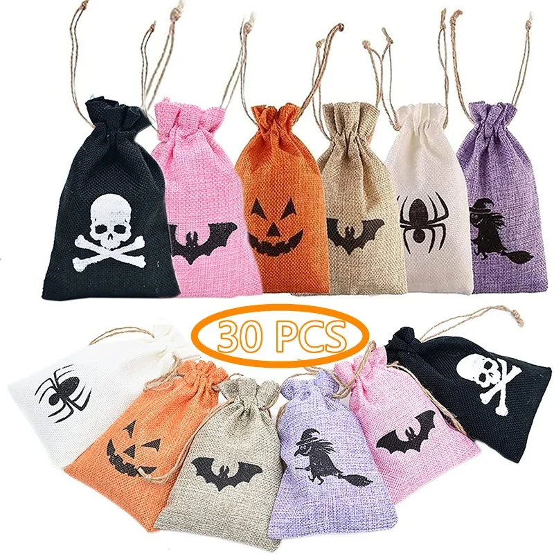 

30 PCS Halloween Drawstring Bags Trick or Treat Candy Bag with Pumpkin Witch Skeleton Bat Spider Patterns Burlap Goodie Pouch