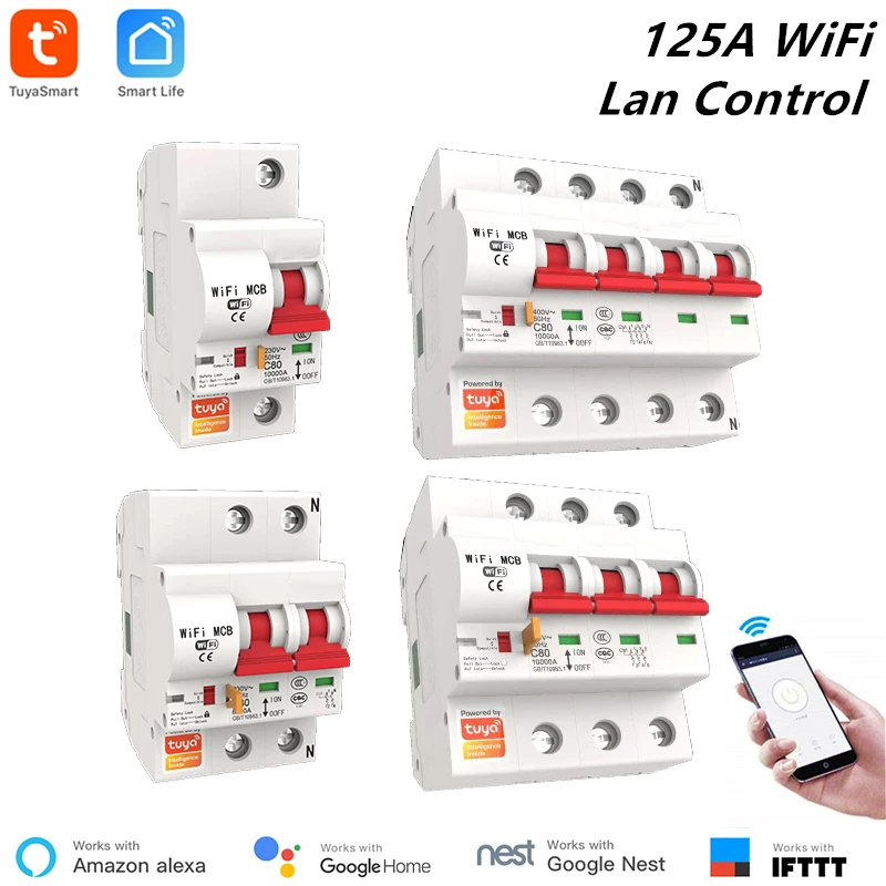 Tuya Smart автомат защити цепи 125A 1 P/2 P/3 P/4 P беспроводная камера, смарт-автоматический выключатель перегрузки защита от короткого замыкания защита от Alexa